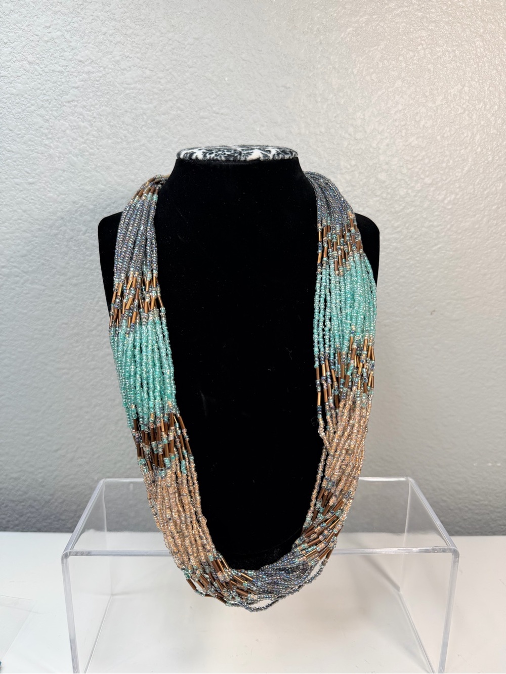 Multi Strand Seed Bead Necklace Waterfall Aqua Blue Brown Silver Boho Statement